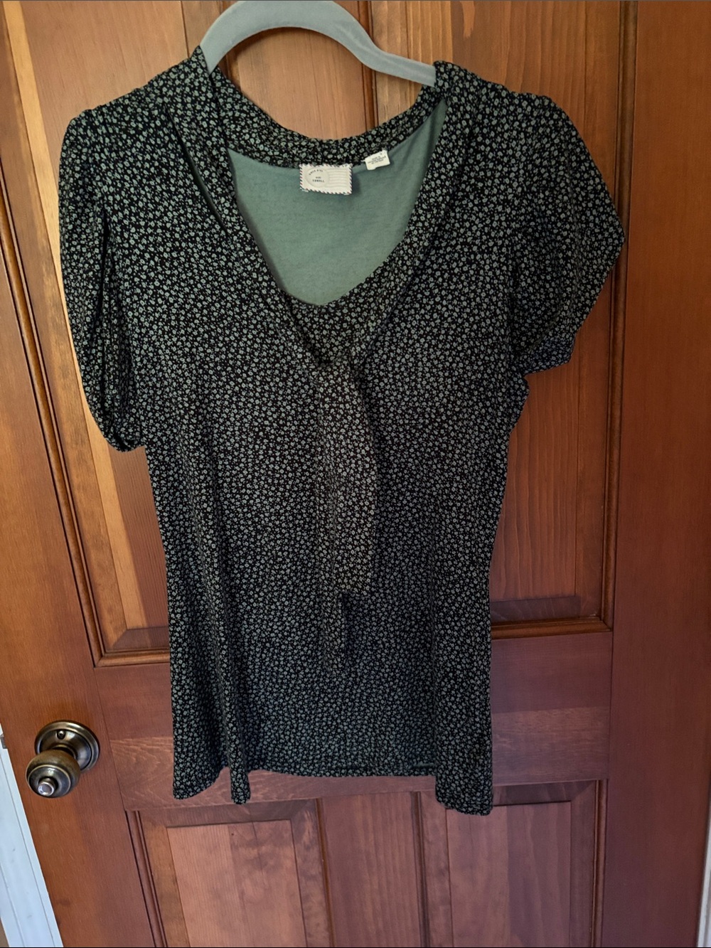 Anthropologie Black Mini Floral V-Neck Short Sleeve Blouse